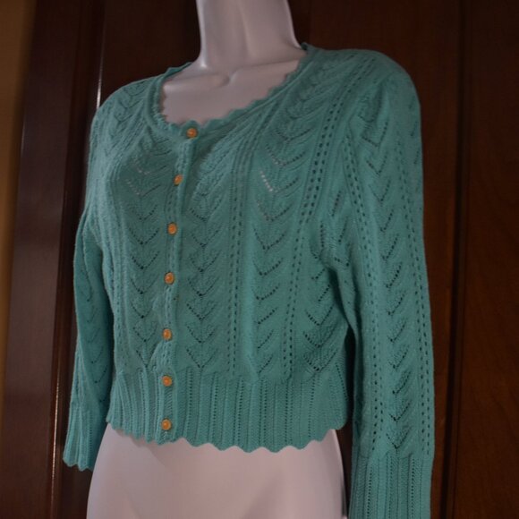 Express Teal Cropped Cotton Knit Cardigan Sweater Size Large - Picture 4 of 15